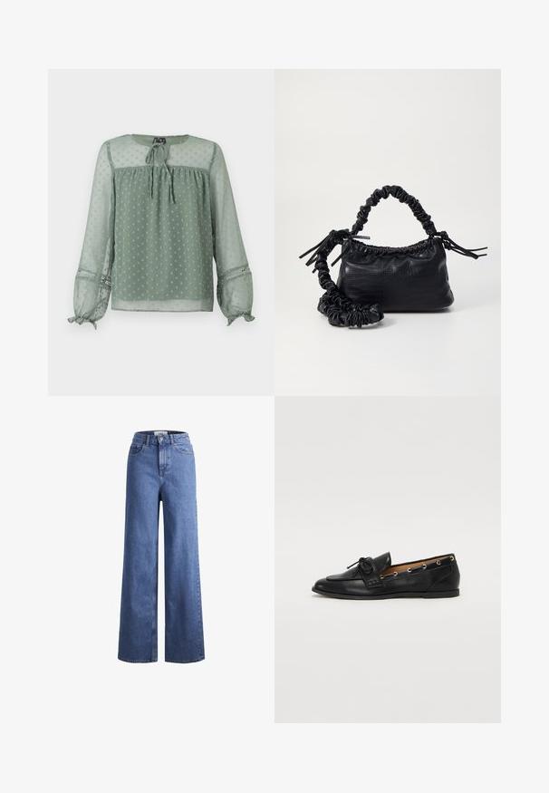 Permatoma žalia bluzelė su taškiniu raštu, apvaliu iškirpimu, priekine rišimo detalė, ir elastingomis rankovėmis su dekoratyviniais akcentais.; Šviesiai mėlynos džinsinės kelnės plačiu sijonu ir aukštu liemeniu, su dviem priekinių kišenių ir matomu siuvimu. Su mygtuko ir užtrauktuko uždarymu.; Juodi odiniai loafai su surišta mazgeliu, su auksinėmis akytėmis šoninėse dalyse ir plokščiu guminiu padu. Lygus paviršius, klasikinis dizainas.; Juodas dirbtinės odos rankinė su krokodilo tekstūra, sušnibždinta viršuje ir susikraipytu dirželiu. Atrodo minkšta ir kompaktiška.