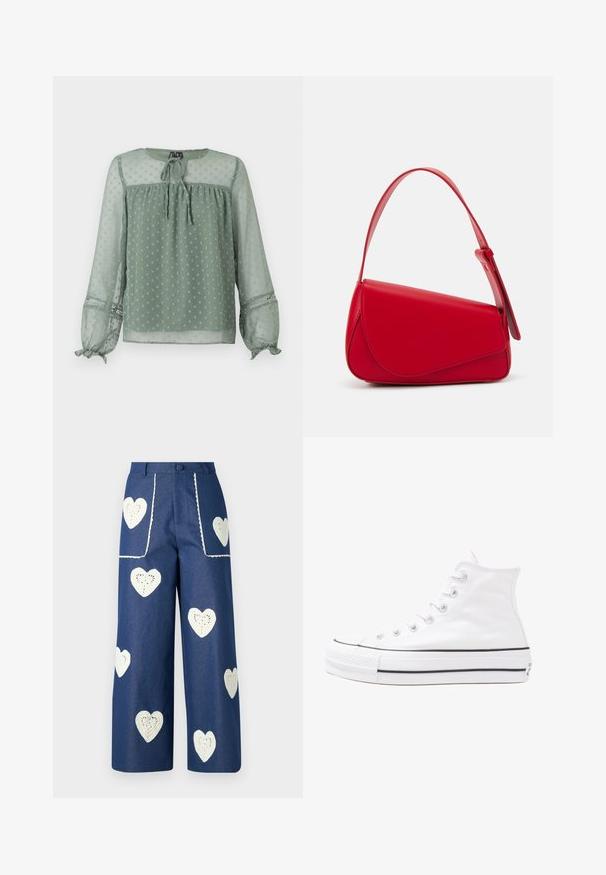Durchsichtige grüne Bluse mit einem Punktenmuster, runden Ausschnitt, Bindebanddetails vorne und elastischen Manschetten mit dekorativen Akzenten.; Sister Jane HEART TO HEART - Jeans Straight Leg - blue denim; Weiße hochwertige Leinensneaker mit schwarzer Gummisohle, vorderem Gummizehenschutz und sechs Ösen für Schnürsenkel, die ein sauberes, minimalistisches Design aufweisen.; Rote Lederhandtasche mit einem kantigen, geometrischen Design. Verfügt über einen verstellbaren Schulterriemen und einen Klappenverschluss mit genähten Details.