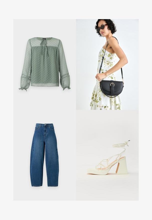 Läbipaistev roheline blousee, millel on täppidega muster, ümmargune kaelus, narmastega detail ees ja elastsed mansetid, millel on dekoratiivsed aksessuaarid.; Keskmise sinise tooniga teksad, millel on kõrge talje, lai jalaliik ja standardne viie taskuga disain koos nähtavate õmbluste detailidega.; Valged kõrge kontsaga sandaalid, millel on paks konts ja rihmadega disain koos pahkluu sidumisega. Sile tekstuur ja platvorm ees, et lisada kõrgust.; Mustmust mustraha kõverate joontega, eemaldatava rihmaga ja kuldsete detailidega. Kotil on klapp, millel on pandladetail.