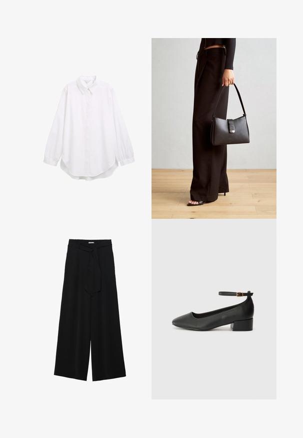 Weißes Hemd mit Knopfleiste, langen Ärmeln mit Manschetten, spitzem Kragen, abgerundetem Saum, aus glattem Stoff, minimalistisches Design ohne Muster.; Schwarze weite Hosen aus strukturiertem Stoff, mit elastischem Bund und einem abnehmbaren Bindegürtel in der Taille für eine verstellbare Passform.; Schwarze Lederpumps mit spitzem Zehenbereich und niedrigem Blockabsatz. Mit einem Knöchelriemen und einer goldfarbenen Schnalle. Glatte Textur.; Schwarze Handtasche mit strukturierter Form, glatter Textur und einem metallischen Verschluss. Kombiniert mit weiten schwarzen Hosen und offenen Sandalen auf einem Holzboden.
