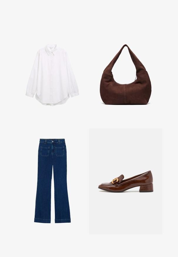 Camicia bianca con bottoni, maniche lunghe con polsini, colletto a punta, orlo arrotondato, realizzata in tessuto liscio, design minimalista senza fantasie.; Jeans a zampa d'elefante in denim di colore blu scuro, con una consistenza liscia, design a cinque tasche e chiusura a bottone in vita.; Mocassini in pelle marrone con finitura lucida, caratterizzati da una fibbia dorata decorativa sulla parte anteriore e un tacco basso a blocco. Design classico.; Borsa hobo in suede marrone con una maniglia curva e larga e un'ampia apertura. Tessuto morbido con dettagli di cucitura visibili lungo i bordi.