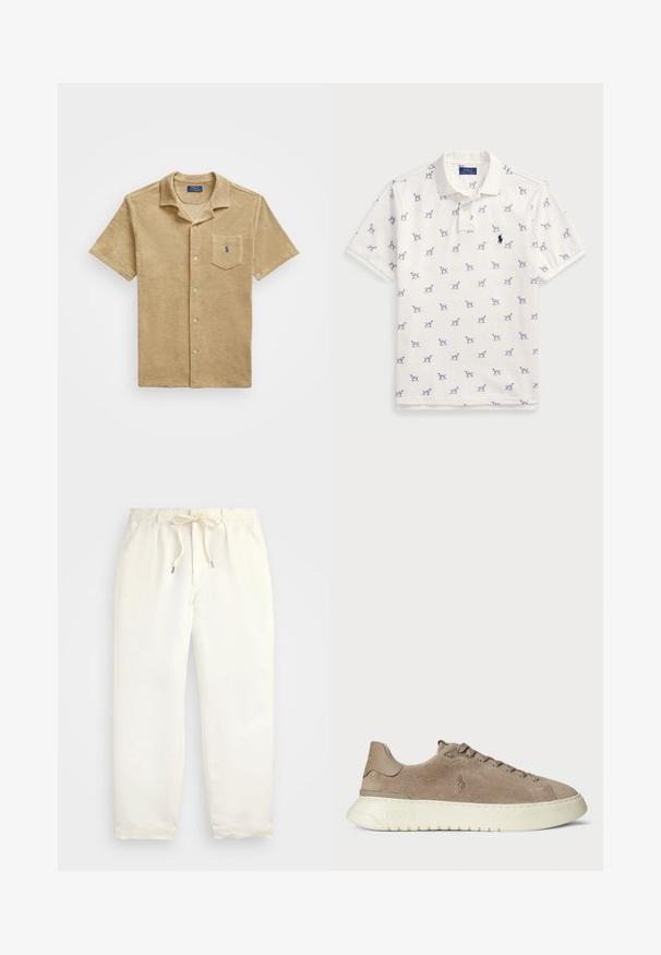 Košeľa s krátkym rukávom z jemného, pieskového materiálu. Má náprsné vrecko s vyšitým logom, klasický golier a rovnomerne rozmiestnené gombíky.; Biely polo tričko vyrobené z bavlny, s opakujúcim sa modrým vzorom psíka a malým modrým logom na hrudi. Krátke rukávy a golier.; Svetlo krémové, voľné nohavice vyrobené z mäkkého materiálu. Majú elastický pás s šnúrkou a zúžený strih nohavíc.; Suede tenisky v taupe farbe s bielou gumovou podrážkou. Medzi funkcie patrí šnurovanie vpredu a logo embosované na boku a päte.