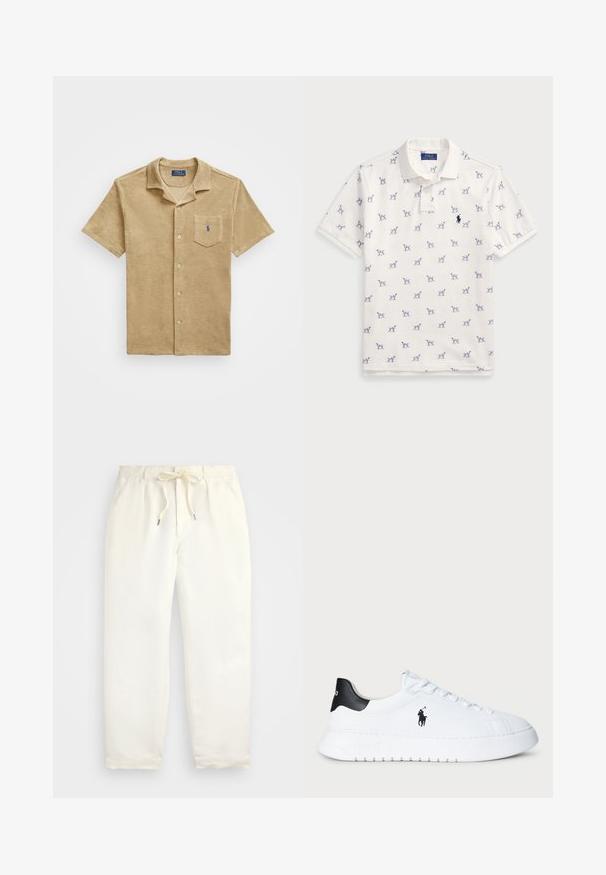 Trumpetų marškiniai su trumpomis rankovėmis iš minkštos, smėlio spalvos medžiagos. Yra krūtinės kišenė su siuvinėtų logotipu, klasikinis apykaklė ir tolygiai išdėstyti mygtukai.; Balta polo marškiniai, pagaminti iš medvilnės, su pasikartojančiu mėlynu šunų raštu ir mažuoju mėlynu logotipu ant krūtinės. Trumpomis rankovėmis ir apykakle.; Šviesiai kreminės spalvos, laisvalaikio kelnės iš minkštos medžiagos. Turi elastinį juosmenį su raišteliais ir siaurėjantį kojų dizainą.; Balti žemesnio profilio sportiniai bateliai su juodu kulno užtrauktuku ir juodu Polo Ralph Lauren logotipu šone, su baltais raišteliais ir storu guminiu padu.