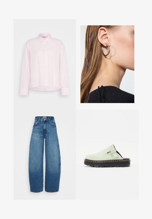 Camicia button-up rosa chiaro con colletto, strisce verticali e piccoli punti argento distribuiti uniformemente sul tessuto. Maniche lunghe.; Jeans in denim blu a gamba larga con vita alta, caratterizzati da un gradiente di lavaggio che va dal chiaro allo scuro, tasche anteriori e chiusura con bottone.; Zoccoli in suede verde chiaro con punta arrotondata, cinturino con fibbia regolabile e suola nera testurizzata con dettagli di cucitura arancione.; Orecchino a cerchio in argento con finitura lucida, caratterizzato da piccoli dettagli in oro e una forma tondeggiante, indossato sul lobo.