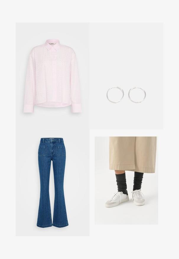Svetloružová košeľa na gombíky s golierom, vertikálnymi pruhmi a malými striebornými bodkami rovnomerne rozmiestnenými po látke. Dlhé rukávy.; Modré rozšírené džínsy vyrobené z denimu, s vysokým pásom, dvoma zadnými vreckami a výrazným šitím pozdĺž postranných švov.; Biele a šedé tenisky s čiernym akcentom na päte, s hladkým koženým zvrškom a textúrovanou semišovou špičkou. Nosené s tmavošedými voľnými ponožkami.; Strieborné kruhové náušnice s elegantným, okrúhlym dizajnom, s hladkým povrchom a bez viditeľných ozdôb. Priemer nie je špecifikovaný.