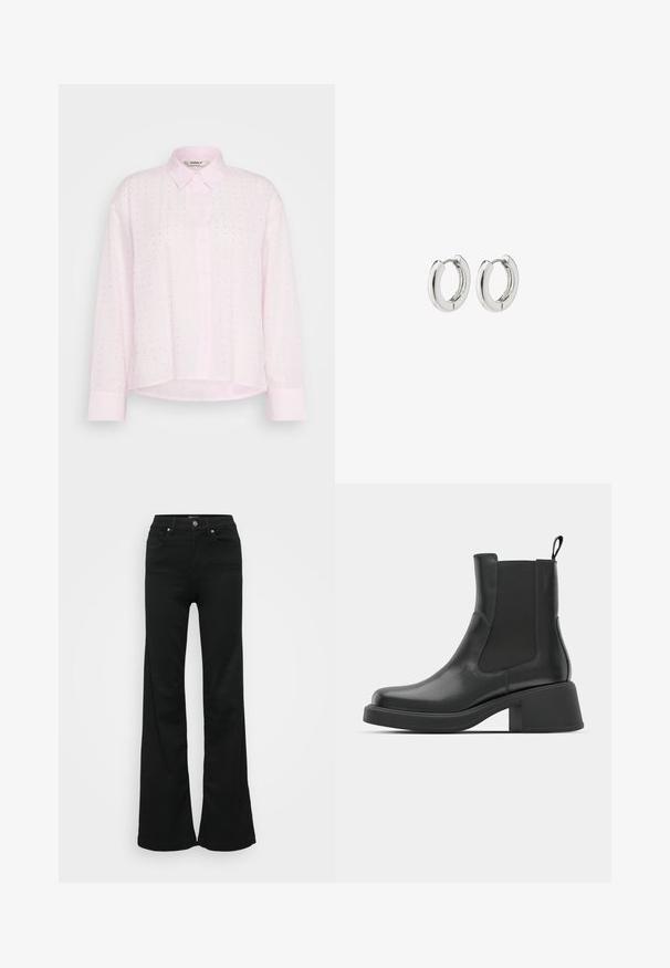 Jasnoróżowa koszula zapinana na guziki z kołnierzykiem, w pionowe paski i małe srebrne kropki równomiernie rozmieszczone na tkaninie. Długie rękawy.; Czarne dżinsy w kształcie dzwonu wykonane z denimu, z wysokim stanem, pięcioma kieszeniami i metalowym zapięciem. Gładka faktura z minimalnym zdobieniem.; Czarne skórzane botki na kostkę z elastycznymi panelami bocznymi, okrągłym noskiem i grubym słupkowym obcasem. Gładka faktura z minimalistycznym wzornictwem.; Srebrne kolczyki na kółkach o polerowanym wykończeniu, z okrągłym wzorem i bezszwowymi zawiasami, charakteryzujące się gładką teksturą.