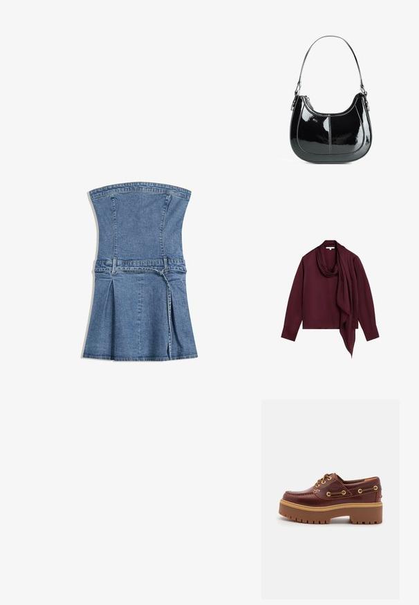 Burgundy blouse met lange mouwen en een gedrapeerde colhals. Zachte textuur, relaxte pasvorm en een waterval-sjaal detail aan de voorkant.; Denim jurk met een gestructureerde corsage, blauwe kleur, uitlopende rok en geplooid detail. Voorzien van een verstelbare tailleband en ritsluiting.; Bruine leren botenschoenen met een stevige bruine rubberen zool, gouden ogen en contraststiksels. Heeft een logo aan de zijkant.; Zwarte gepatineerde leren handtas met een gebogen ontwerp, ritssluiting en een enkele schouderriem met zilverkleurige hardware en stikselaccenten.