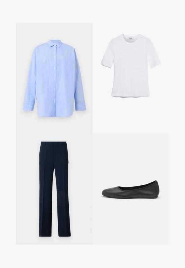 Hele helesinine nööpidega särk, millel on vertikaalsed triibud, rinna tasku, millel on diagonaalne triibumuster, ja mansettide detailid, millel on kontrastsed triibud.; Valge lühikeste varrukatega T-särk ribatud kangast. Ümara kaelusega, tavalisest sobivusest ja peente õmbluse detailidega. Ilma mustrite või graafikateta.; Tumesinine pükste paar, mis on valmistatud siledast kangast ja millel on sirge jala disain, ees voldid ja küljetaskud, et saavutada viimistletud välimus.; Musthave mustika tantsutossud mustast nahast, ümmarguse varbaga, siledast tekstuurist, minimaalse õmblusdetailiga ja paindliku tallakujundusega.
