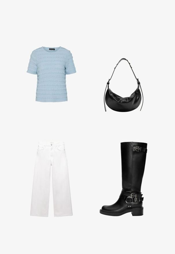 Top corto a maniche corte di colore azzurro chiaro con strisce orizzontali testurizzate, dotato di scollatura a girocollo e tessuto morbido e stropicciato.; Jeans bianchi a gamba larga in cotone, caratterizzati da un'alta vita, design a cinque tasche e dettagli in ottone. Texture liscia e non trattata.; Stivali alti neri in pelle fino al ginocchio con punta rotonda, tacco a blocco e numerose cinghie decorative con fibbie e accenti argentati.; Borsa a tracolla in pelle nera con forma a mezzaluna, texture liscia e tracolla regolabile, caratterizzata da sottili dettagli hardware. Chiusura a zip visibile.