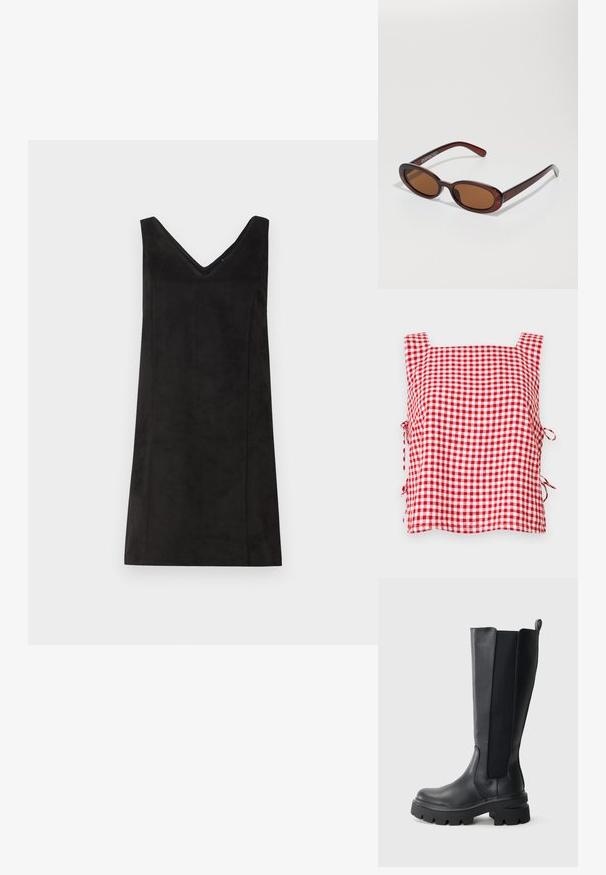 Rød og hvid gingham ærmeløs top med firkantet halsudskæring og justerbare stropper i siderne. Lavet af struktureret stof med et ternet mønster.; Langærmet top i cremet stof med let samling i siderne og klassisk krave. Glat tekstur, enkelt design.; Sort ærmeløs kjole med V-udskæring, fremstillet af et blødt materiale, med en lige pasform og minimal detaljering. Glat tekstur.; Sorte knæhøje støvler med en glat læderoverflade og kontrasterende elastiske sidepaneler. Tykk gummisål med markant mønster.; Runde, bruntonede solbriller med en glansfuld bordeauxramme. Slanke arme med diskret brandingdetalje. Flad linsedesign.