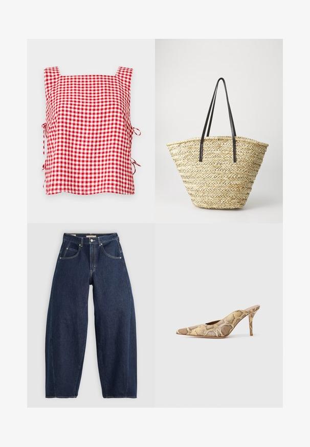 Rood-witte gingham mouwloze top met vierkante halslijn en verstelbare strikken aan de zijkanten. Gemaakt van textuurstof met een geruit patroon.; Witte katoenen t-shirt met een afbeelding van cowboylaarzen en een hoed. De laarzen zijn blauw met gele accenten en witte details.; Donkerblauwe denim jeans met een losse fit, lichte stiksels, vijf zakken en een knoopsluiting op de taille.; Schoen met gespsluiting en puntige neus in een gestructureerd slangenprint met beige en bruine tinten; beschikt over een stilettohak en uitsparingen aan de zijkanten.; Gevlochten stro tote bag met een brede, taps toelopende vorm, voorzien van twee zwarte leren handvaten. Natuurlijke beige kleur met een gestructureerd oppervlak.