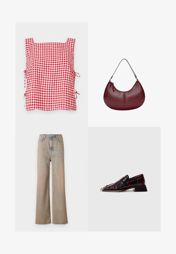 Röd och vit gingham ärmlös topp med fyrkantig halsringning och justerbara band i sidorna. Tillverkad av strukturerad tyg med rutigt mönster.; Ljust tvättade vida jeans med hög midja, tillverkade av denim. Har subtila sömmar och fem fickor, med en något bleknad textur.; Mörkröd lackläderloafer med texturerad yta, låg blockklack och klassisk pennyrem, visad från sidan.; Burgundy läderhandväska med en böjd form. Har en enkel axelrem och ett toppdragkedja, med en slät, texturerad yta.