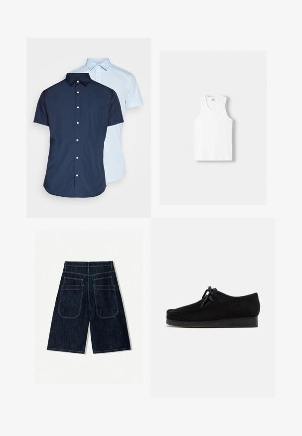 Rövid ujjú gombos ingek, az egyik tengerészkék, a másik világoskék, hózagos gallérral, elülső gombolással és sima szövésű textúrával.; Fehér pamut ujjatlan felső kerek nyakkivágással, széles vállpántokkal és egyenes szegéllyel, sima textúrával, látható minták nélkül.; Sötétkék farmer rövidnadrág, laza fazonban, két hátsó zsebbel, kontrasztos varrással és egyenes szárú kialakítással.; Fekete nubuk bőr cipők lekerekített orrvonallal, fűzős elülső résszel és texturált fekete gumitalppal. Simább felsőrész finom varrási részletekkel.