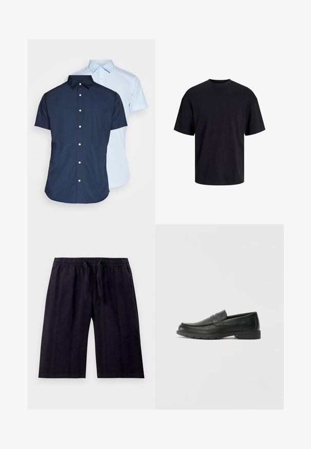 Trumpetėliai su trumpomis rankovėmis, vienas tamsiai mėlynas ir vienas šviesiai mėlynas, turintys apykakles, priekinį užsegimą ir lygų audinio paviršių.; Juodas medvilninis marškinėlis su apvaliu iškirpimu, trumpomis rankovėmis ir laisvu siluetu. Glotni tekstūra, be matomų raštų ar akcentų.; Juodos, iki kelių ilgio šortai, pagaminti iš lengvos medžiagos. Turi elastinį juosmenį su raišteliu ir lygų paviršių. Paprastas dizainas.; Juodai odiniai loaferiai su sklandžiu paviršiumi, mokasino stiliaus viršus, siuvinėjimu ir guminėmis padangomis. Klasikinis dizainas su žemu kulnu.