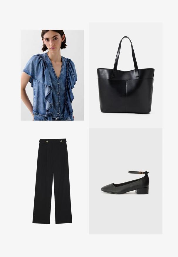 Denimbluse med ruffled korte ærmer, v-hals og knaplukning. Lys til medium blå farve, med kontrasterende syninger.; Sorte vide bukser med høj talje, knapdetaljer på taljebåndet og frontfald.; Sorte læderpumper med spids tå og en lav blokhæl. Har en ankelrem med en guldfarvet spænde. Glat tekstur.; Sort læder tote taske med to lange håndtag, en glat tekstur og en struktureret form. Har en forlommem for ekstra opbevaring.