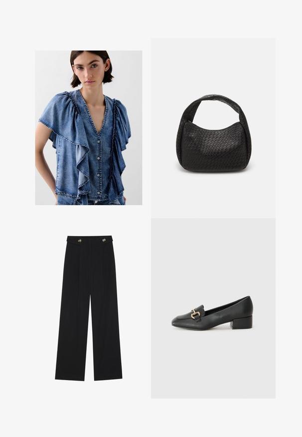 Blusa in denim con maniche corte a volant, scollatura a v e chiusura con bottoni. Colore blu chiaro a medio, con dettagli di cucitura a contrasto.; Pantaloni neri a gamba larga con vita alta, dettagli con bottoni in vita e pieghe frontali.; Mocassini in pelle nera con tacco piatto, dotati di un dettaglio decorativo in metallo dorato nella parte anteriore e una superficie liscia.; Pieces PCSANNA BRAIDED SHOULDER BAG - Borsa a mano - black