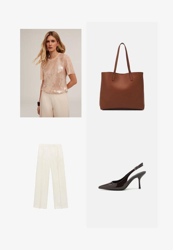 Kurzarmoberteil in zartem Rosa mit glänzender Vorderseite und transparenten Ärmeln, ausgestattet mit einem strukturierten Design und einem runden Ausschnitt.; Weit geschnittene Hosen in einem hellen cremefarbenen Farbton. Hergestellt aus einem glatten Stoff mit Falten an der Vorderseite und seitlichen Taschen.; Slingback-Pumps aus glänzendem dunklen braunen Lackleder, mit spitzer Zehenpartie, offenen Seiten und verstellbarem Knöchelriemen.; Braune Leder-Tote mit glatter Textur, offenem Oberteil und zwei Schulterriemen. Verfügt über minimale Nähte und keine sichtbaren Beschläge.