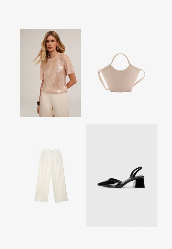 Top a maniche corte di colore rosa chiaro con un lato anteriore in paillettes e maniche trasparenti, caratterizzato da un design testurizzato e scollatura rotonda.; Pantaloni a gamba larga in tessuto crema con una texture liscia, caratterizzati da un singolo bottone frontale, pieghe sottili e un design a vita alta.; Décolleté in vernice nera con punta affusolata e tacco in geometria cubica. Presentano un design elegante e minimalista, con una texture liscia.; Borsa in pelle beige con una forma unica, caratterizzata da due manici corti e una lunga tracolla regolabile. Texture liscia con hardware minimale.