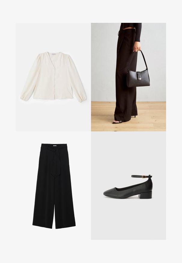 Elfenbenfarget bluse med lange puffermansjetter, V-hals og knappestolpe foran. Glatt stoff med en avslappet passform og samlet skuldersøm.; Svart vide bukser med teksturert stoff, elastisk midje og avtagbart belte som gir justerbar passform.; Sorte skinnpumper med spiss tå og lav blokkhelt. Har ankelrem med gullfarget spenne. Glatt tekstur.; Svart håndveske med strukturert form, jevn tekstur og metallisk lås. Kombinert med brede svarte bukser og sandaler med åpen tå på tregulv.