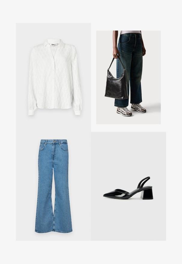 Camicia bianca con bottoni, caratterizzata da un motivo a diamante testurizzato, colletto e maniche lunghe. Presenta polsini con bottoni e un design a vestibilità ampia.; Jeans svasati di un blu chiaro, realizzati in denim, con vita alta, cinque tasche e chiusura a un bottone. Morbido al tatto con una finitura scolorita.; Décolleté in vernice nera con punta affusolata e tacco in geometria cubica. Presentano un design elegante e minimalista, con una texture liscia.; Borsa a tracolla nera in pelle con una texture liscia e tracolla regolabile, abbinata a jeans ampi sbiaditi e sneakers sportive.