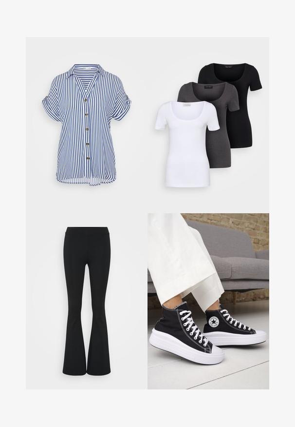 Rövid ujjú gombos ing kék és fehér függőleges csíkokkal, gallérral és nagy barna gombokkal az elején. Lekerekített alsó szegély.; Három szűkített T-póló fehér, szürke és fekete színben. Mindegyik széles, kerek nyakkal és rövid ujjakkal rendelkezik. Simább, elasztikus anyagból készült.; Fekete harangszárú nadrág, rugalmas anyagból készült, magas derékkal és sima felülettel. A nadrág a térdtől kezdve bővül.; Fekete magas szárú tornacipők fehér gumitalppal és fűzővel. Kör alakú logófolttal és kontrasztos fehér varrással. Vászon anyagból.