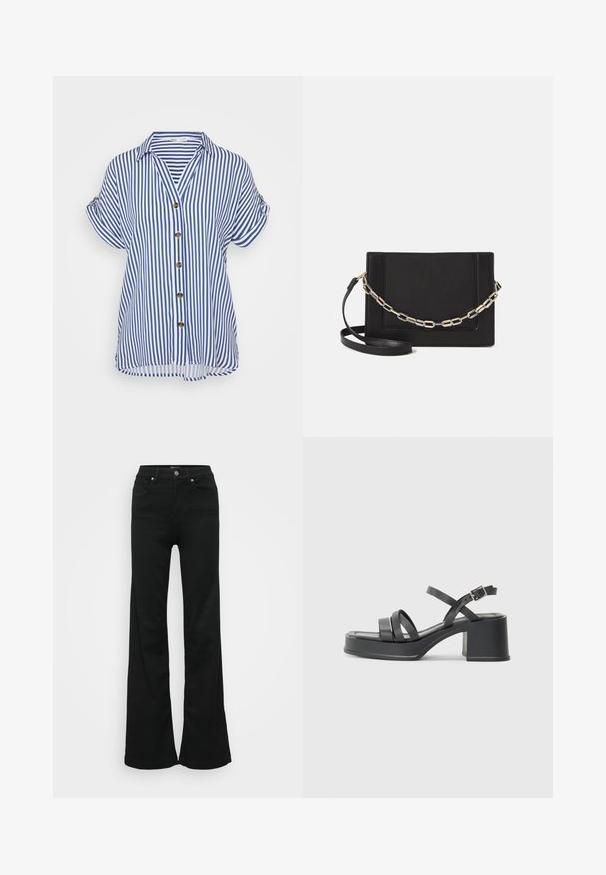 Košeľa na gombíky s krátkym rukávom, ktorá je zdobená modro-bielymi vertikálnymi pruhmi, má golier a veľké hnedé gombíky po celej prednej strane. Zaoblený lem.; Čierne rozšírené džínsy vyrobené z denimu, s vysokým pásom, piatimi vreckami a kovovým zapínaním. Hladká textúra s minimálnym zdobením.; Čierne sandále na opätku s viacerými úzkymi popruhmi a okrúhlou špičkou. Opätok má blokový tvar s hladkou textúrou. Nastaviteľné zapínanie na pracku.; Čierna kožená crossbody taška s hladkou textúrou, obdĺžnikovým tvarom a kovovým reťazovým detailom na prednej strane. Súčasťou je nastaviteľný popruh.; Strieborný prsteň s dvojitým pásikom s hladkým, lesklým povrchom. Má plynulý, zakrivený dizajn s prekryvajúcimi sa časťami pre moderný vzhľad.