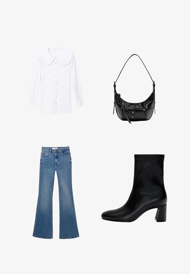 Touché Privé COLLAR DETAILED - Blus - white; Blå denimbyxor med utsvängda ben, fram- och bakfickor, bälteshällor och knäppning, liggande platt på en vit bakgrund.; Svart ankelsko i slät läder. Har en fyrkantig tå, elastisk överdel och en kraftig klack för stabilitet. Minimalistisk design.; Svart läder axelväska med en böjd form, prydd med silverfärgade nitar och sömdetaljer. Justerbar rem för mångsidighet.