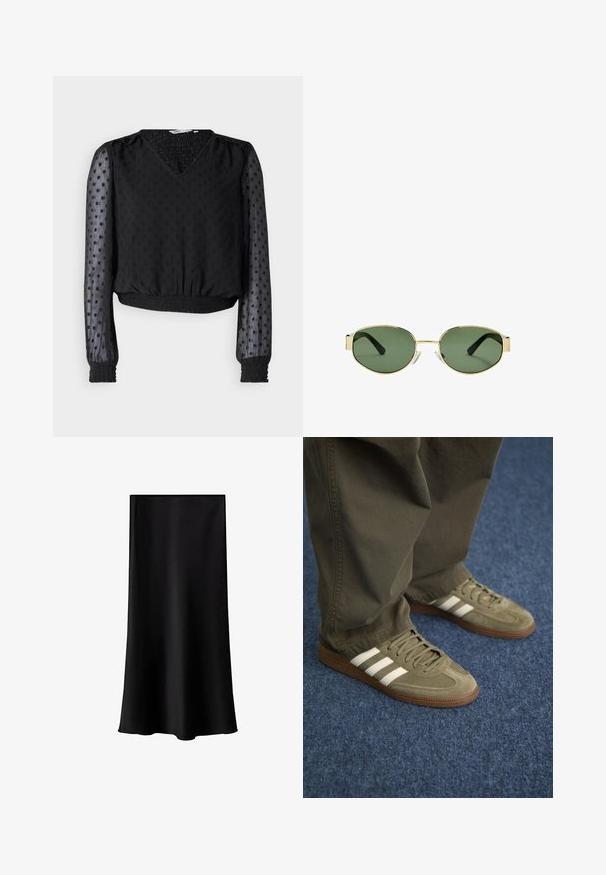 Čierny krátky top s výstrihom do V, textúrovaná tkanina, bodkovaný vzor, priehľadné dlhé rukávy a elastické manžety a lem.; Čierna midi sukňa vyrobená z hladkého, ľahkého materiálu. Má rovný strih, žiadne viditeľné kovanie a jednoduchý dizajn bez vzorov.; Zelené semišové tenisky s tromi bielymi pruhmi, hnedou gumovou podrážkou a štruktúrovanými šnúrkami, skombinované s olivovými nohavicami na modrom koberci.; Slnko zlatohnedých kovových rámových okuliarov s zelenými tónovanými sklami, oválnym tvarom, čiernymi stranami a priehľadnými nosnými podložkami. Čistý, minimalistický dizajn.; Čierna látková taška s jedným širokým ramenným popruhom. Mäkký, polostruktúrovaný tvar a hladká textúra; minimalistický dizajn bez viditeľného kovania.