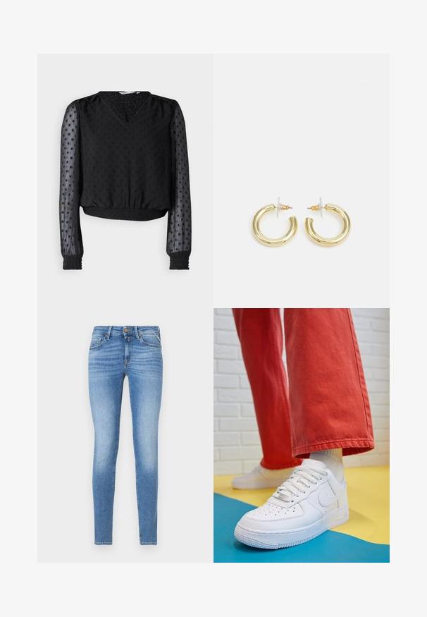 Černý krátký top s V-výstřihem, texturovanou tkaninou, tečkovaným vzorem, průhlednými dlouhými rukávy a elastickými manžetami a lemem.; Slim-fit svetle modré džíny s středním pasem, předním knoflíkem a pěti kapsami.; Bílé kožené tenisky s perforovanou špičkou, texturovanou podešví a bílými tkaničkami, v kombinaci s širokými červenými kalhotami a modro-žlutým pozadím.; Zlaté kruhové náušnice s hladkým, lesklým povrchem. Kruhový design s malým kolíčkem a průhledným záznamem pro bezpečné nošení.