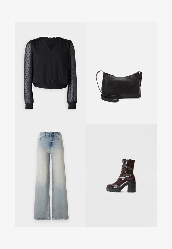 Zwart cropped top met een V-hals, gestructureerde stof, stippenpatroon, doorzichtige lange mouwen en elastische manchetten en zoom.; Lichtblauwe wijdlopende spijkerbroek van denim, met een hoge taille, vijf zakken en zichtbare stiksels langs de naden.; Glanzende bordeauxrode enkelboot met een chunky zwarte hak, met een gladde textuur en een eenvoudig ontwerp. Geen zichtbare sluitingen of patronen.; Zwarte leren schoudertas met een gladde textuur, gebogen vorm, verstelbare schouderband en een ritsafsluiting. Minimalistisch ontwerp zonder versieringen.