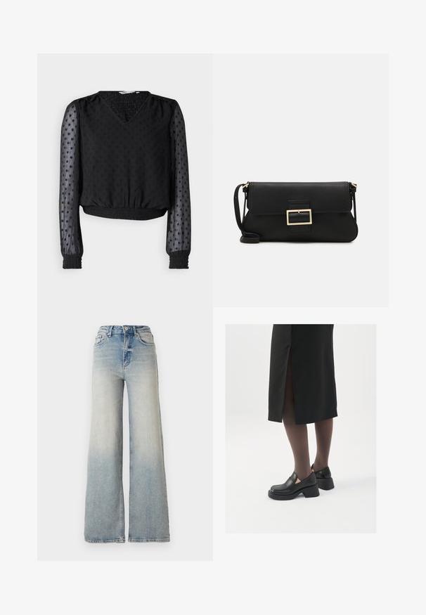 Black cropped top with a V-neck, textured fabric, dotted pattern, sheer long sleeves, and elasticized cuffs and hem.; Light blue wide-leg jeans made of denim, featuring a high waist, five pockets, and visible stitching along the seams.; Black leather shoes with a rounded toe, thick block heel, and elastic side accents, paired with dark tights and a black skirt with a slit.; Black leather clutch bag with a flap and a gold metal buckle detail. Includes a black strap and a sleek, minimalist design.; Gold-colored hoop earrings, thin and round in shape, with a smooth metallic finish and no embellishments or patterns.