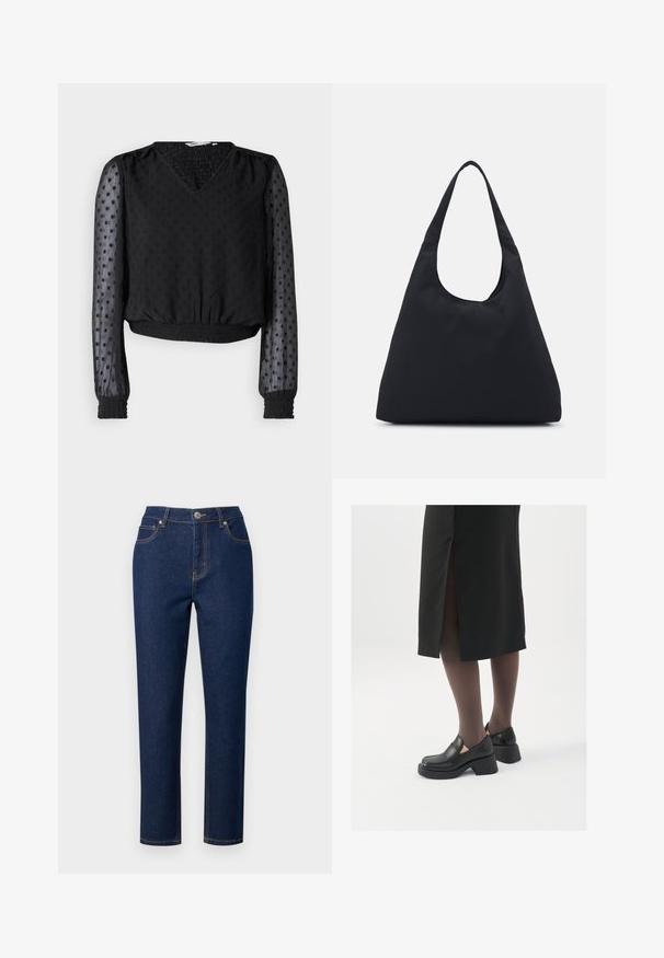 Juodas trumpas viršus su V formos iškirpte, tekstūruotas audinys, taškinis raštas, permatomos ilgomis rankovėmis ir elastingais rankogaliais bei apačia.; Tamsiai mėlyni džinsai su tiesiu kirpimu, su užtrauktuku, mygtuko uždarymu ir dekoratyvinėmis siūlėmis ant kišenių ir siūlių.; Juodos odinės bateliai su apvaliu nosiu, stora blokine pakulne ir elastingais šonais, derinami su tamsiomis pėdkelnėmis ir juoda sijonu su plyšiu.; Juodas audinio krepšys su plačiu peties diržu. Minkšta, pusiau struktūrizuota forma ir lygus paviršius; minimalus dizainas, be matomo įrangos.