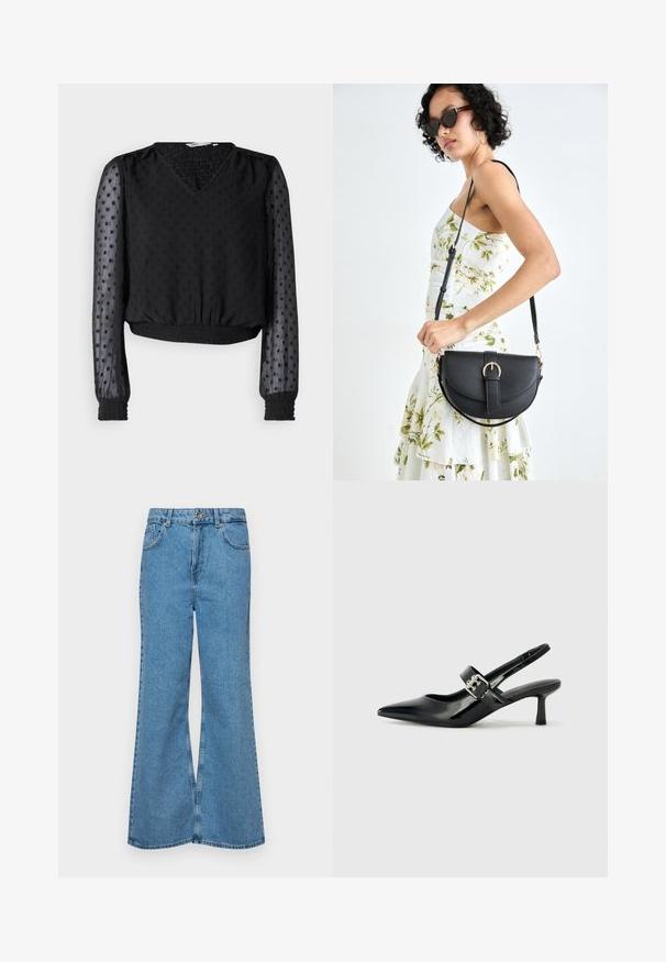 Black cropped top with a V-neck, textured fabric, dotted pattern, sheer long sleeves, and elasticized cuffs and hem.; Light blue flared jeans made of denim, featuring a high waist, five pockets, and a single button closure. Soft texture with faded finish.; Black patent leather slingback heels with a pointed toe and a small block heel, featuring a silver buckle accent on the strap.; Black leather handbag with a curved shape, detachable strap, and gold hardware. The bag features a flap with a buckle detail.