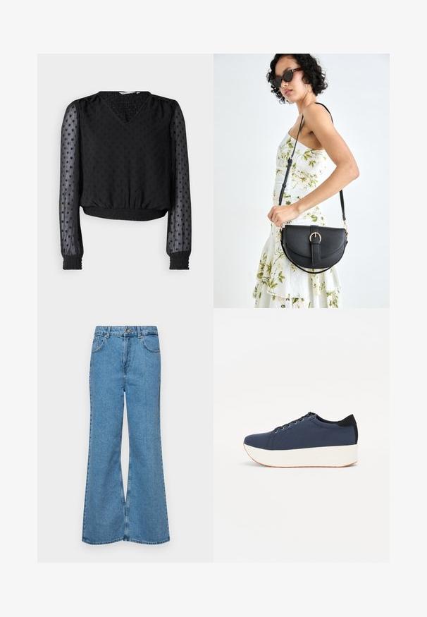 Musteline lühike topp V-kaelusega, tekstureeritud kangast, täppide mustriga, läbipaistvate pikkade varrukatega ning elastsete mansettide ja hemiga.; Heledad sinine flared teksade rõivad, millel on kõrge talje, viis taskut ja üks nupulukk. Pehme tekstuur ja pleekinud viimistlus.; Tumedat sinised tennised tekstureeritud riidest pealispinnaga, valge platvormi tallaga, ümarate varvaste ja musta kontsapaneeliga. Omab kuut silma paelte jaoks.; Mustmust mustraha kõverate joontega, eemaldatava rihmaga ja kuldsete detailidega. Kotil on klapp, millel on pandladetail.