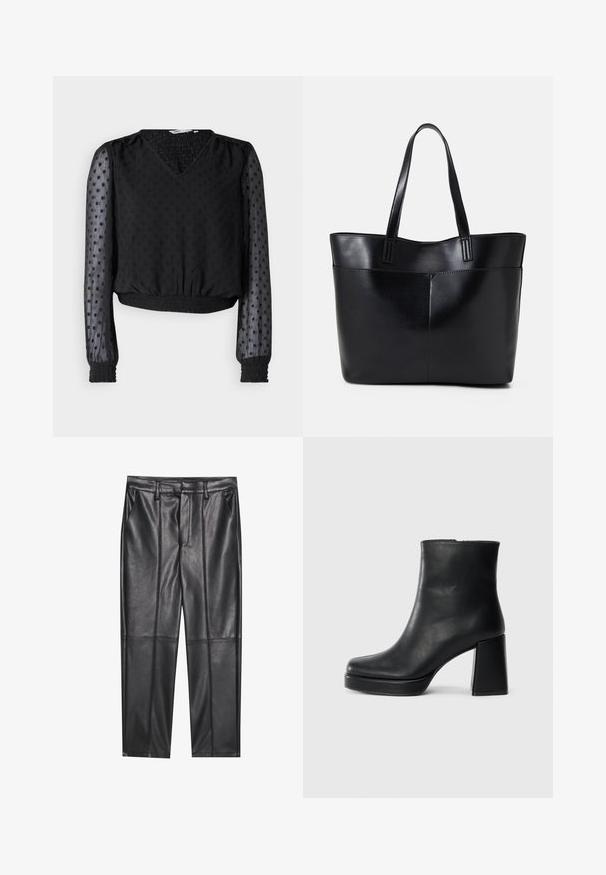 Top noir court avec un décolleté en V, en tissu texturé, motif à pois, manches longues transparentes, avec des poignets et un ourlet élastiques.; Pantalons en cuir noir avec une texture lisse, présentant une coupe droite, deux poches avant et des coutures visibles.; Bottine en cuir noir avec un talon bloc et une semelle plateforme, vue de côté sur un fond blanc uni.; Sac fourre-tout en cuir noir avec deux longues poignées, une texture lisse et une forme structurée. Dispose d'une poche avant pour un rangement supplémentaire.