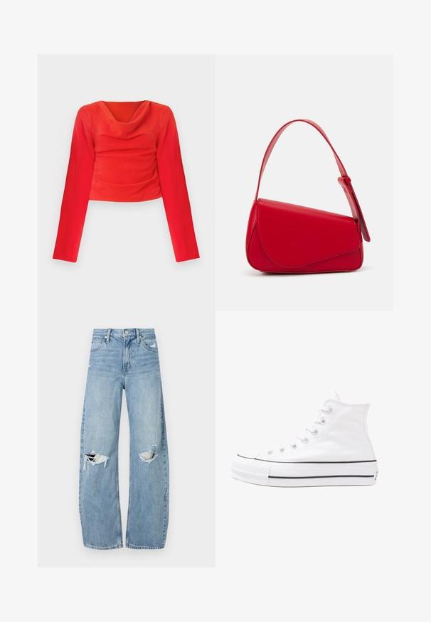 Top cropped de manga longa vermelho com decote drapeado. Apresenta tecido texturizado e pregas na cintura para uma silhueta ajustada.; Jeans de lavagem clara, de cintura alta, feitos de denim. Apresentam pernas largas, duas áreas rasgadas nos joelhos e o estilo clássico de cinco bolsos.; Sapatilha alta de tela branca com sola de borracha preta, bico de borracha na frente e seis ilhós para os atacadores, apresentando um design limpo e minimalista.; Bolsa de mão em couro vermelho com um design angular e geométrico. Apresenta uma única alça ajustável e um fecho com aba, com detalhes cosidos.