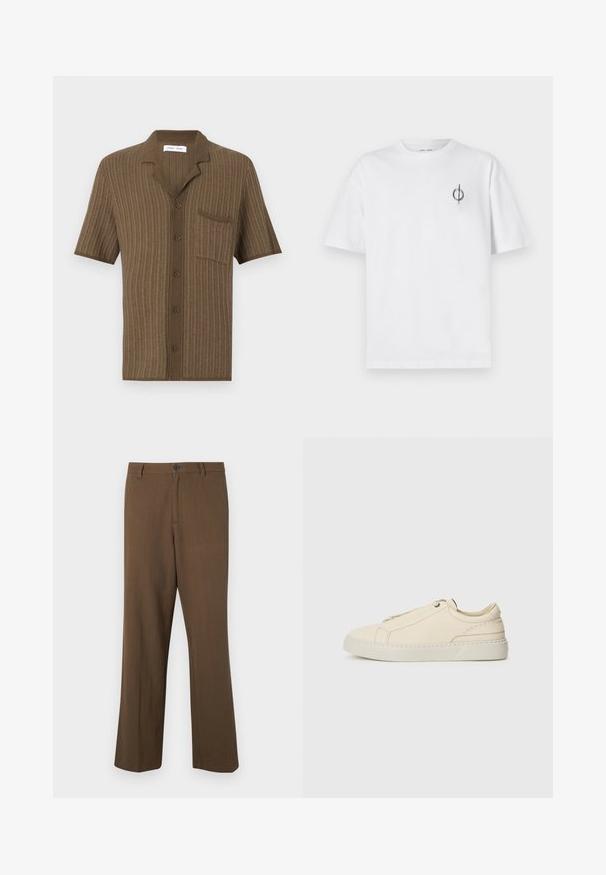 Cămașă scurtă, maro, cu mânecă scurtă, având un model tricotat texturat, cu guler tip notch, 5 nasturi și un singur buzunar pe piept.; Tricou alb din bumbac cu o croială lejeră, având un mic logo grafic negru în zona stângă a pieptului. Mâneci scurte, stil guler rotund.; Pantaloni maro, cu picior drept, dintr-un material texturat, cu închidere prin buton și talie standard, având buzunare laterale și cusături ajustate.; Adidași din piele bej cu vârful rotunjit, design minimalist, detalii subtile de cusătură și un superior texturat, pe o talpă deschisă.