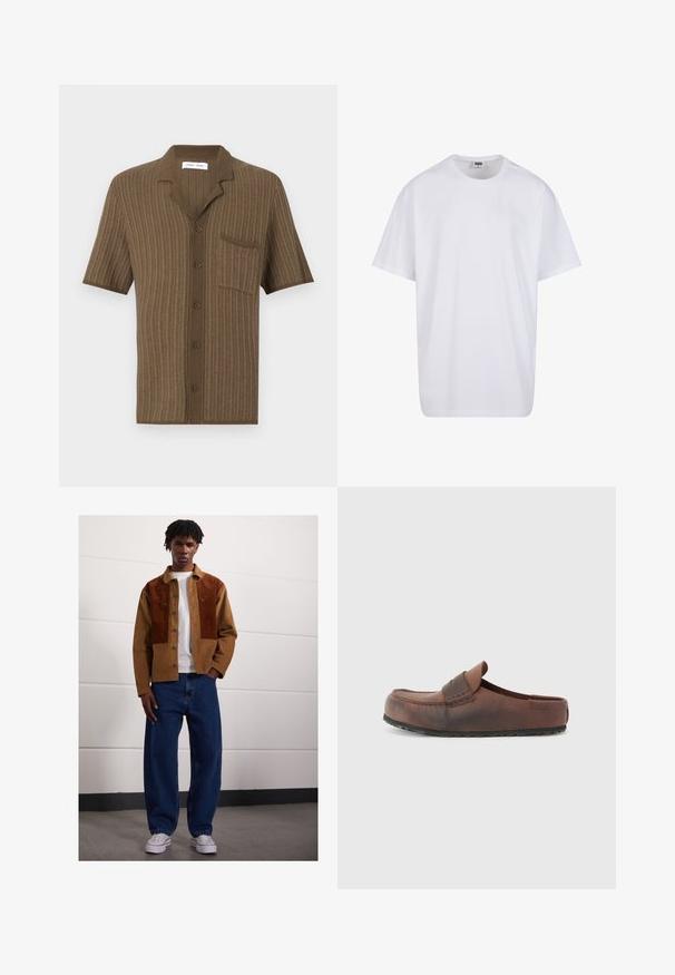 Brązowa koszula z krótkim rękawem o teksturowanym wzorze dzianinowym, z kołnierzykiem z wycięciem, 5 guzikami i jedną kieszenią na piersi.; Biała bawełniana koszulka z krótkimi rękawami, okrągłym dekoltem, luźnym krojem i bez widocznych logo lub wzorów. Gładka tekstura i minimalistyczny design.; Mężczyzna stojący w pomieszczeniu, ubrany w brązową kurtkę z sztruksu z rdzawej kolorze, białą koszulkę, luźne niebieskie dżinsy oraz białe trampki.; Brązowy skórzany but wsuwany z zaokrąglonym noskiem, dekoracyjnym przeszyciem i teksturowaną gumową podeszwą. Prosty design i minimalne akcenty.