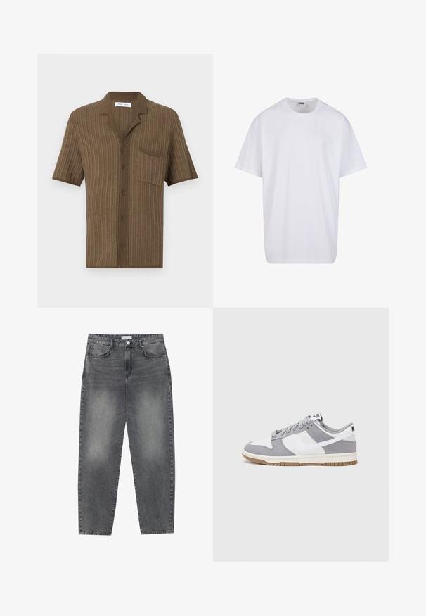 Hnedá košeľa s krátkym rukávom, s textúrovaným pleteným vzorom, s výstrihom do V, 5 gombíkmi a jednou náprsní kapsou.; Biela bavlnená tričko s krátkymi rukávmi, okrúhlym výstrihom, uvoľneným strihom a žiadnymi viditeľnými logami alebo vzormi. Hladká textúra a minimálny dizajn.; Vysoké, voľné džínsy z vyblednutého čierneho denimu. Obsahujú päť vreciek, pútka na opasok a čistý, rovný strih nohavíc.; Sivé a biele tenisky s vrchom z semišu a kože, zaoblenou špičkou, plochými šnúrkami a gumovou podrážkou s akcentom vo farbe gumy.