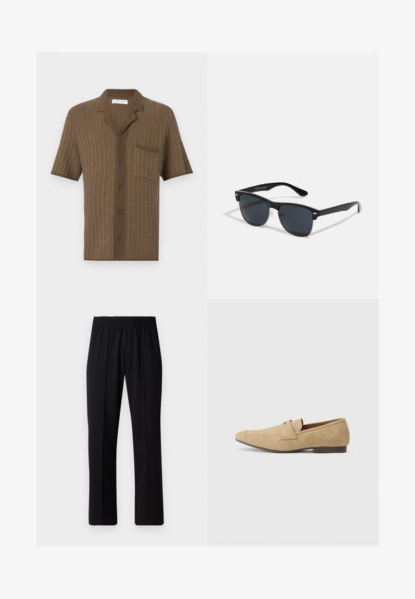 Brūna īsām piedurknēm krekls ar teksturētu adījuma rakstu, ar griezuma apkakli, 5 pogām un vienu krūšu kabatu.; Melni elastīgi bikses ar taisnas kājas dizainu, ar gludu tekstūru un bez redzamām zīmēm vai detaļām.; Zābaki no zamša gaiši brūnā krāsā ar nelielu mirdzumu, ar noapaļotu purngalu, bezsaišu dizainu un zemu brūnu papēdi. Smalks šuvju detalizējums.; Melnas saulesbrilles ar taisnstūra formu, tumšiem stenģiem, sudraba akcentiem pie tempļiem un matētu apdari uz rāmja.