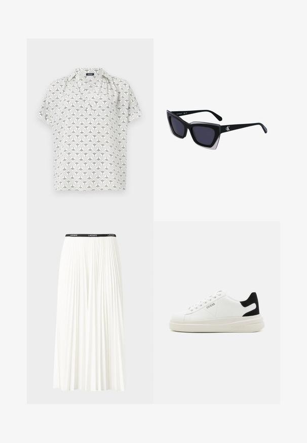 Biela blúzka s krátkym rukávom a geometrickým čiernym vzorom, s golierom a voľným strihom. Vyrobená z ľahkého materiálu.; Plisovaná biela sukňa s čiernym elastickým pásom s logom "LACOSTE". Sukňa je stredne dlhá a má mäkkú textúru.; Biele kožené tenisky s hrubou bielou podrážkou, čiernym zamekom na päte a vyrazeným logom na boku. Šnurovací dizajn so šiestimi očkami.; Čierne oversized slnečné okuliare s geometrickým tvarom, s tmavými šošovkami a kontrastným šedým detailom na ráme. Logo na mostíku.