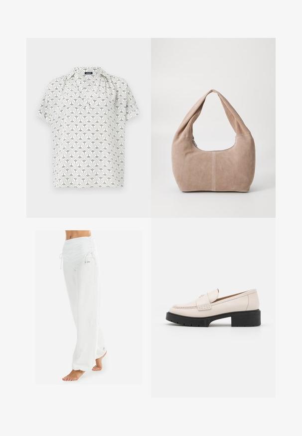 Rövid ujjú fehér blúz geometrikus fekete mintával, galléros nyakkal és laza fazonnal. Könnyű anyagból készült.; Fehér ujjatlan felső állítható pántokkal, testhez simuló kivitel, sima szövettextúra és kerek nyakkivágás. Nincsenek minták vagy fémrészek.; Fehér, laza szabású nadrág, összegyűrt derékkal és zsinórral. Sima textúrájú, oldalsó varrásokkal, a kényelem és a mozgékonyság jegyében tervezve.; Világos bézs bőrcipők, vart elülső résszel és texturált fekete platform sarkal. Ívelt formatervezés és enyhe emelkedés jellemzi.; Puha, velúr anyagból készült hobo táska világos bézs színben. Jellemzője a kerek forma, széles pánt és cipzáras záródás.