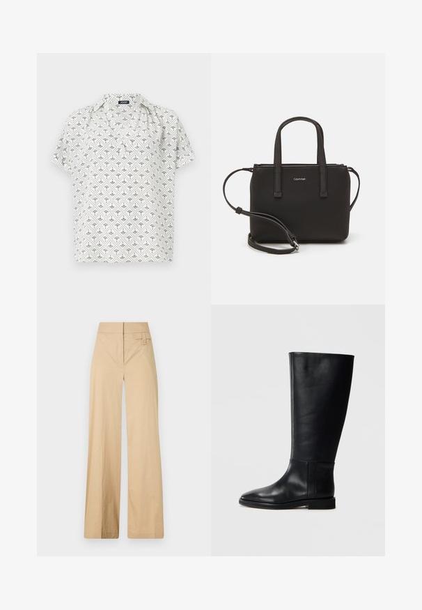 Blusa bianca a maniche corte con un motivo geometrico nero, con collo e vestibilità ampia. Realizzata in tessuto leggero.; Pantaloni beige a gamba larga realizzati in tessuto misto cotone. Caratterizzati da una texture liscia, una vita elastica e un dettaglio con bottone laterale.; Stivale in pelle nera al ginocchio con punta arrotondata, texture liscia, design minimalista e suola piatta. Dettagli di cucitura semplici sulla gamba.; Borsa nera con doppi manici corti e tracolla removibile. Materiale simile alla pelle liscia con chiusura a zip e dettaglio del logo.