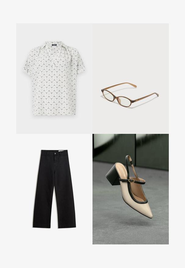 Rövid ujjú fehér blúz geometrikus fekete mintával, galléros nyakkal és laza fazonnal. Könnyű anyagból készült.; Fekete, bő szabású farmernadrág magas derékkal, elülső és hátsó zsebekkel, varrott felületekkel és gombos záródással. Sima textúra.; Beige, hegyes orrú, pántos cipő fekete díszítéssel, arany csattal és vastag blokk sarokkal, szürke padlón, sötétzöld háttér előtt.; Barna teknős páncélmintás szemüveg, ovális lencsékkel, vékony szárakkal és átlátszó részletekkel. A templomon diszkrét logó található. Elegáns, könnyű dizájn.