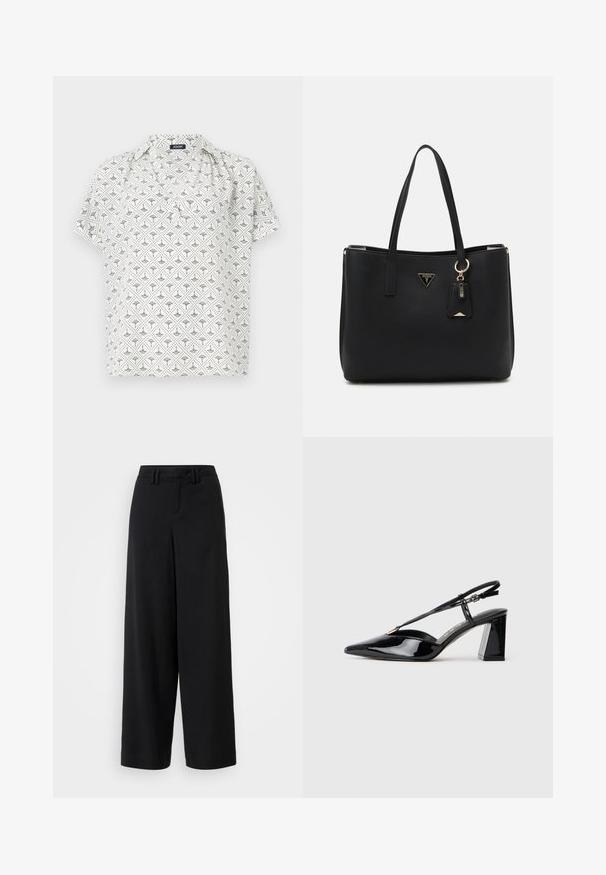 Kortsleppet hvitt bluse med geometrisk svart mønster, med kragehals og løs passform. Laget av lett stoff.; Sorte brede bukser laget av glatt stoff, med flat frontdesign, plisserte detaljer og beltehemper i midjen.; Sorte lakkormede slingback høye hæler med spiss tå, justerbar stropp og kraftig rektangulær hæl.; Svart totebag laget av teksturert syntetisk materiale, med to håndtak, et gullfarget logo-plakett og et lite tag med en aksentdetalj.