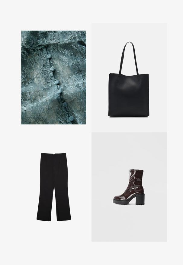 Delikatna čipkasta tkanina u prigušenoj tirkiznoj boji, sa cvjetnim uzorcima, strukturiranom površinom i zaobljenim tkanim gumbima duž središnje linije.; Crne hlače ravnog kroja, s prednjim džepovima i bočnim prorezima na rubu. Izrađene od mekog i glatkog materijala. Pogodne za razne prigode.; Sjajna burgundska čizma do gležnja s debelim crnim potplatom, koja se odlikuje glatkom teksturom i jednostavnim dizajnom. Nema vidljivih kopčanja ili uzoraka.; Crna kožna torba za nošenje s glatkom teksturom, pravokutnim oblikom i dvije duge ručke. Nema vidljivih metalnih dijelova ili ukrasa.