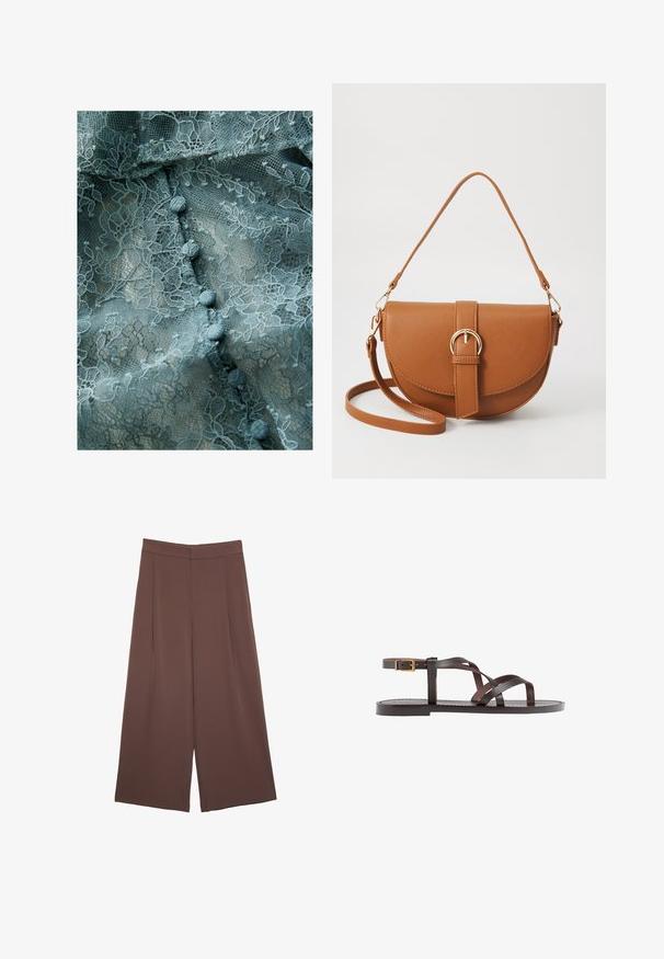 Delicato tessuto di pizzo in teal smorzato, con motivi floreali, superficie texturizzata e bottoni di tessuto rotondi lungo il centro.; Pantaloni ampi marroni con una texture liscia, caratterizzati da una vita alta e pieghe frontali. Il tessuto è leggero e scorre liberamente.; Sandal in pelle marrone con cinturini incrociati, chiusura con cinturino alla caviglia e suola piatta con dettagli di cucitura minimi.; Borsa a tracolla in pelle marrone con forma curvata, hardware dorato e un dettaglio con fibbia. Presenta una tracolla rimovibile.