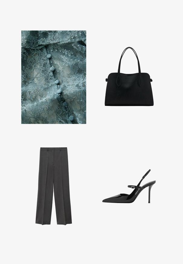 Delikatna koronkowa tkanina w stonowanej zieleni, z kwiatowymi wzorami, teksturowaną powierzchnią i okrągłymi guzikami materiałowymi wzdłuż środka.; Szare spodnie szerokie w nogawkach o gładkiej fakturze, z plisowanym przodem i szlufkami na pasek. Wykonane z lekkiego, tkane materiału.; Czarne lakierowane szpilki slingback z ostrym noskiem, regulowanym paskiem i obcasem w kształcie stiletto. Gładka powierzchnia o błyszczącym wykończeniu.; Czarna skórzana torba na ramię z podwójnymi paskami, prostokątny kształt i minimalistyczny design na białym tle.