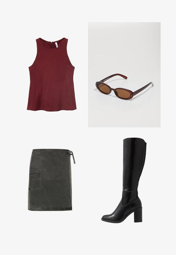 Burgundy sleeveless top with a high neckline, smooth texture, and a back zipper detail. No patterns; features tailored sides.; Grey denim skirt with a straight cut, side pocket, and adjustable tie closure at the waist. Features a soft texture and minimalist design.; Knee-high black glossy heeled boots with a rounded toe, smooth texture, side cutout detail, and a chunky stacked heel.; Round, brown-tinted sunglasses with a glossy burgundy frame. Slim arms with subtle branding detail. Flat lens design.; Black leather handbag with two front zip pockets, a single shoulder strap, and silver hardware. Smooth texture and sleek design.