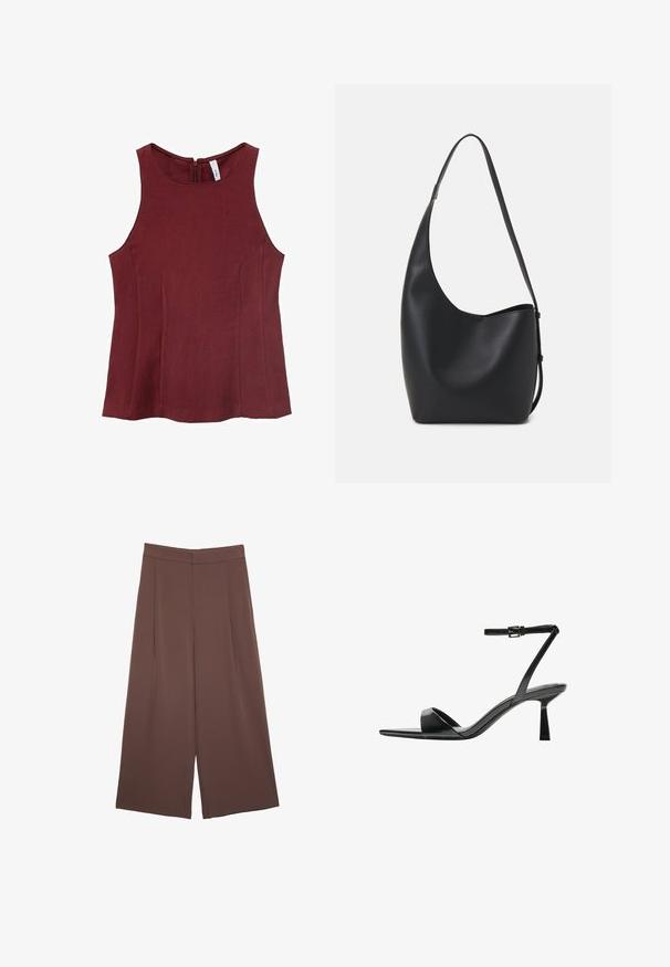 Top senza maniche color bordeaux con collo alto, texture liscia e dettaglio con zip sul retro. Senza motivi; presenta lati sagomati.; Pantaloni ampi marroni con una texture liscia, caratterizzati da una vita alta e pieghe frontali. Il tessuto è leggero e scorre liberamente.; Bershka Sandali con tacco - black; Borsa hobo nera in pelle con una superficie liscia, forma curvata e una singola tracolla regolabile; presenta un'ampia apertura nella parte superiore.